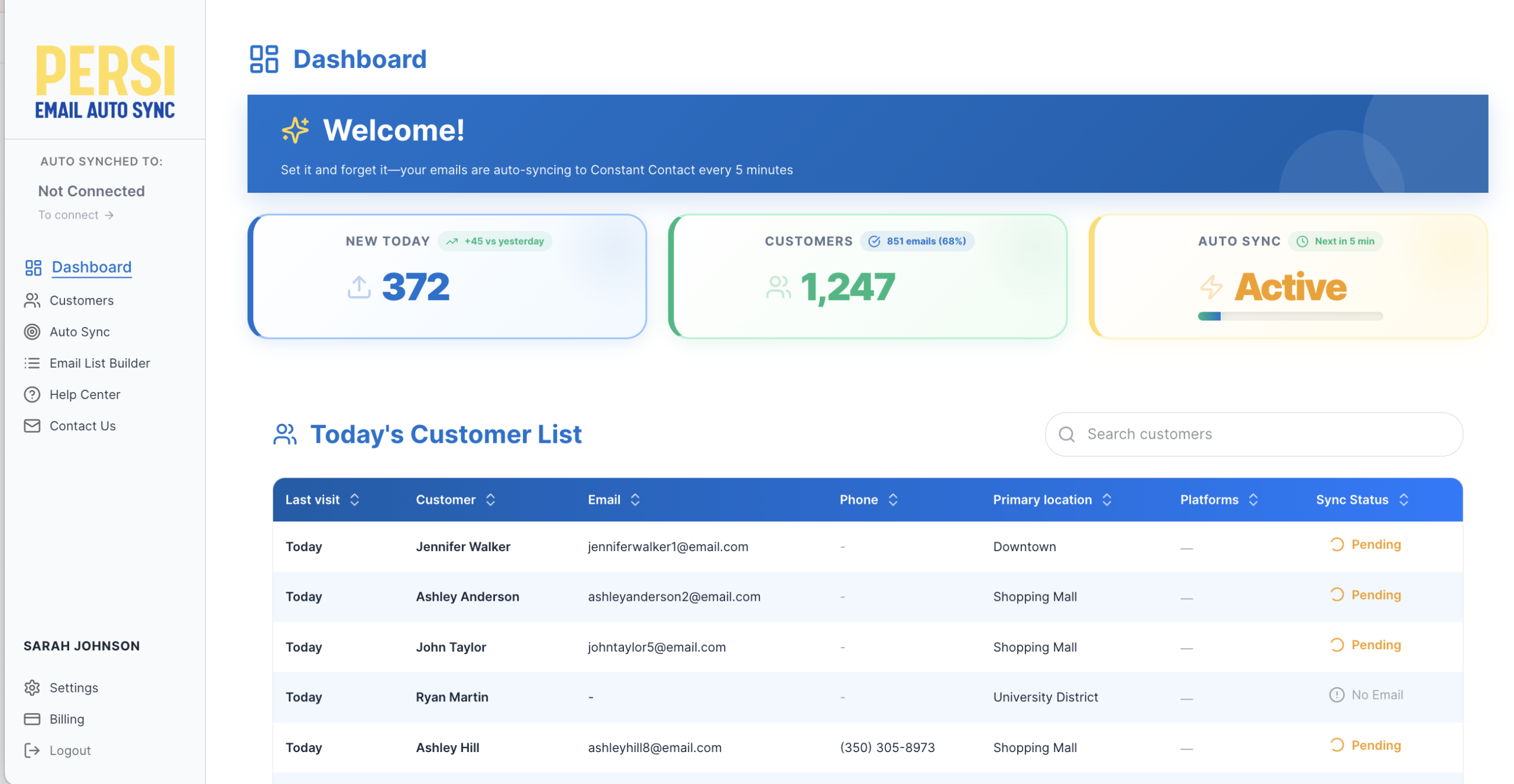 Persi Email Auto Sync App Dashboard