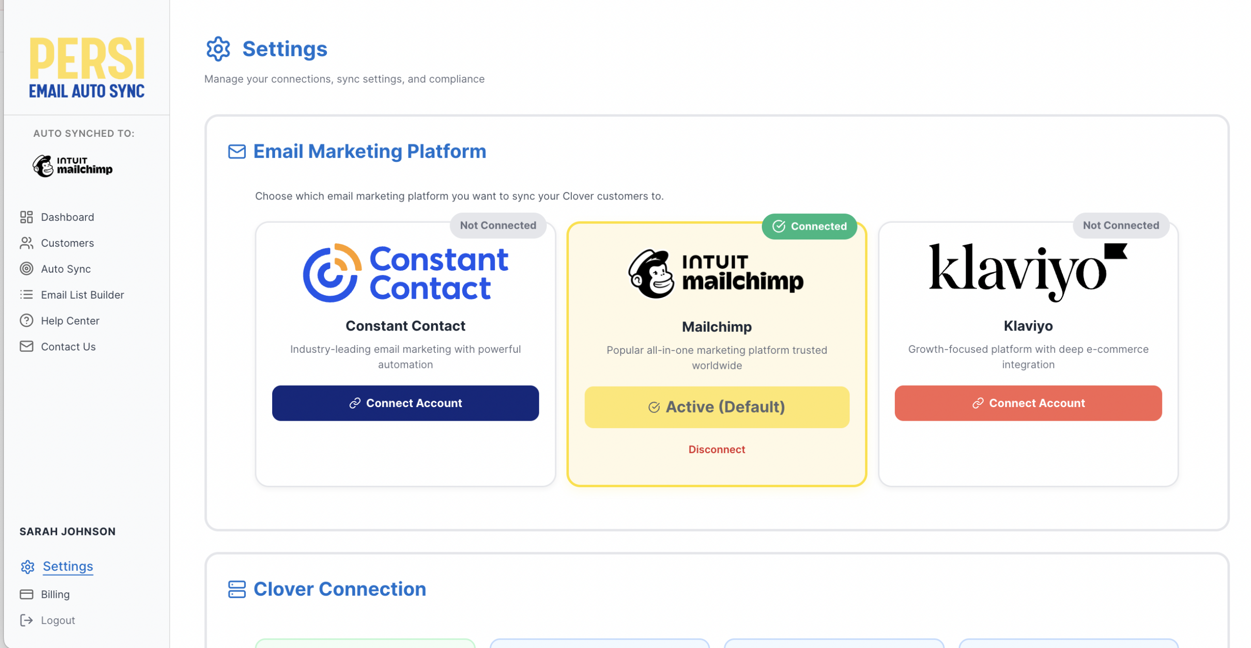Persi Email Auto Sync App Settings Page